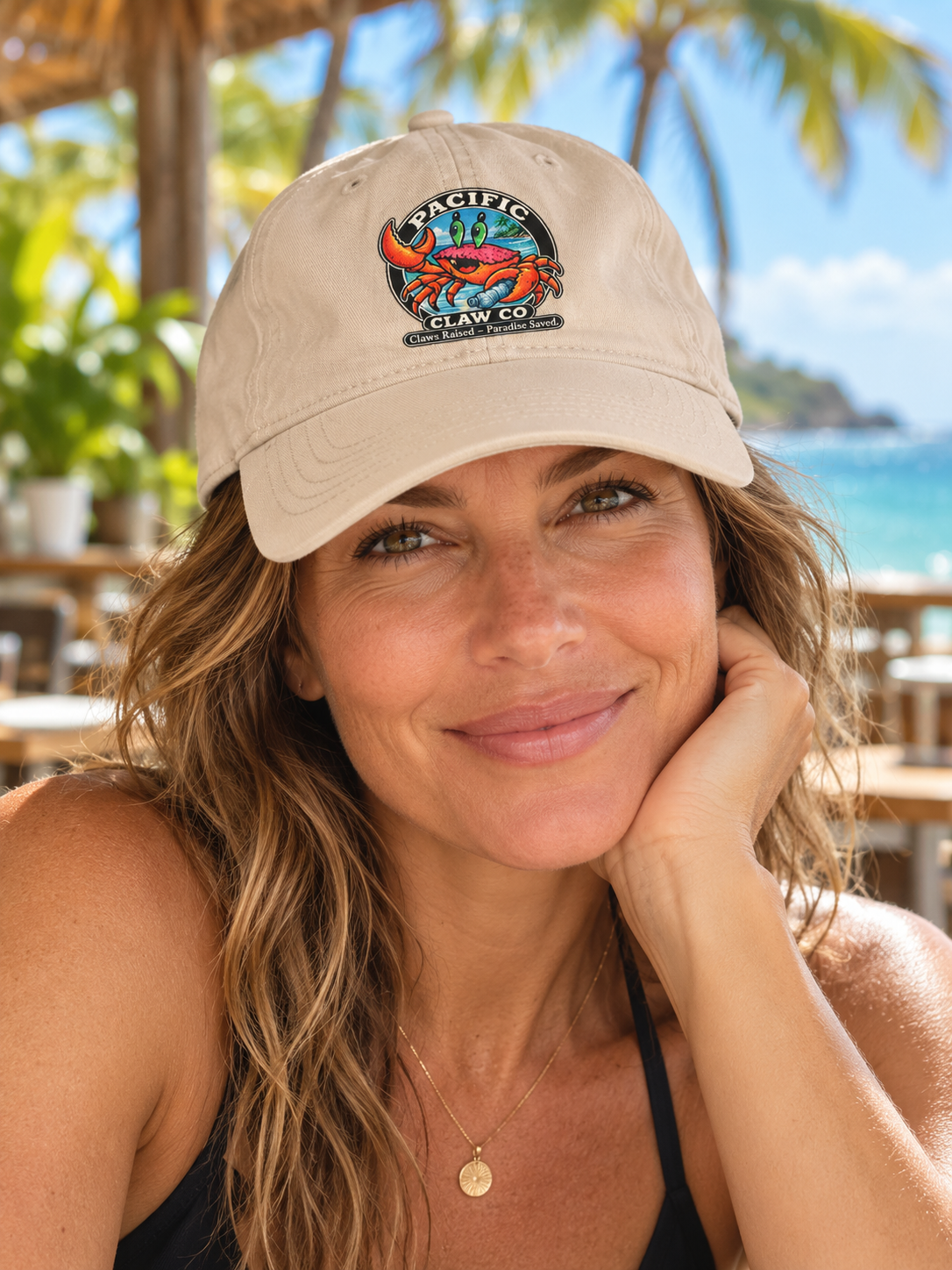 Sand Crabby cap on a model in a tropical beach setting