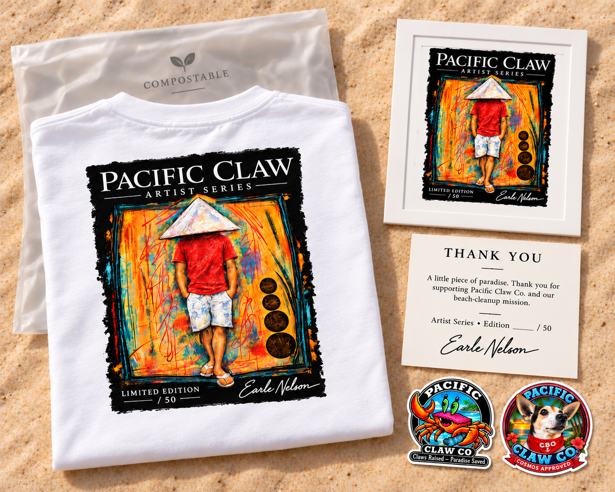 Made in the Shade limited Artist Series package: shirt, signed framed 5 × 7 print, thank-you card, two stickers and compostable bag