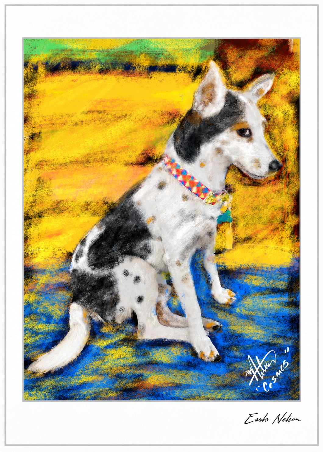 Full Cosmos portrait, including tail and paws, signed by Earle Nelson in a white 5 × 7 frame