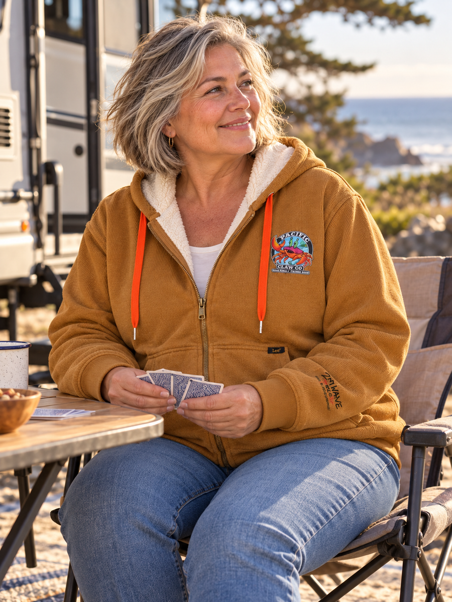 Second Wave Mustard Fleece-Lined Zip Hoodie — mature model in a relaxed coastal setting