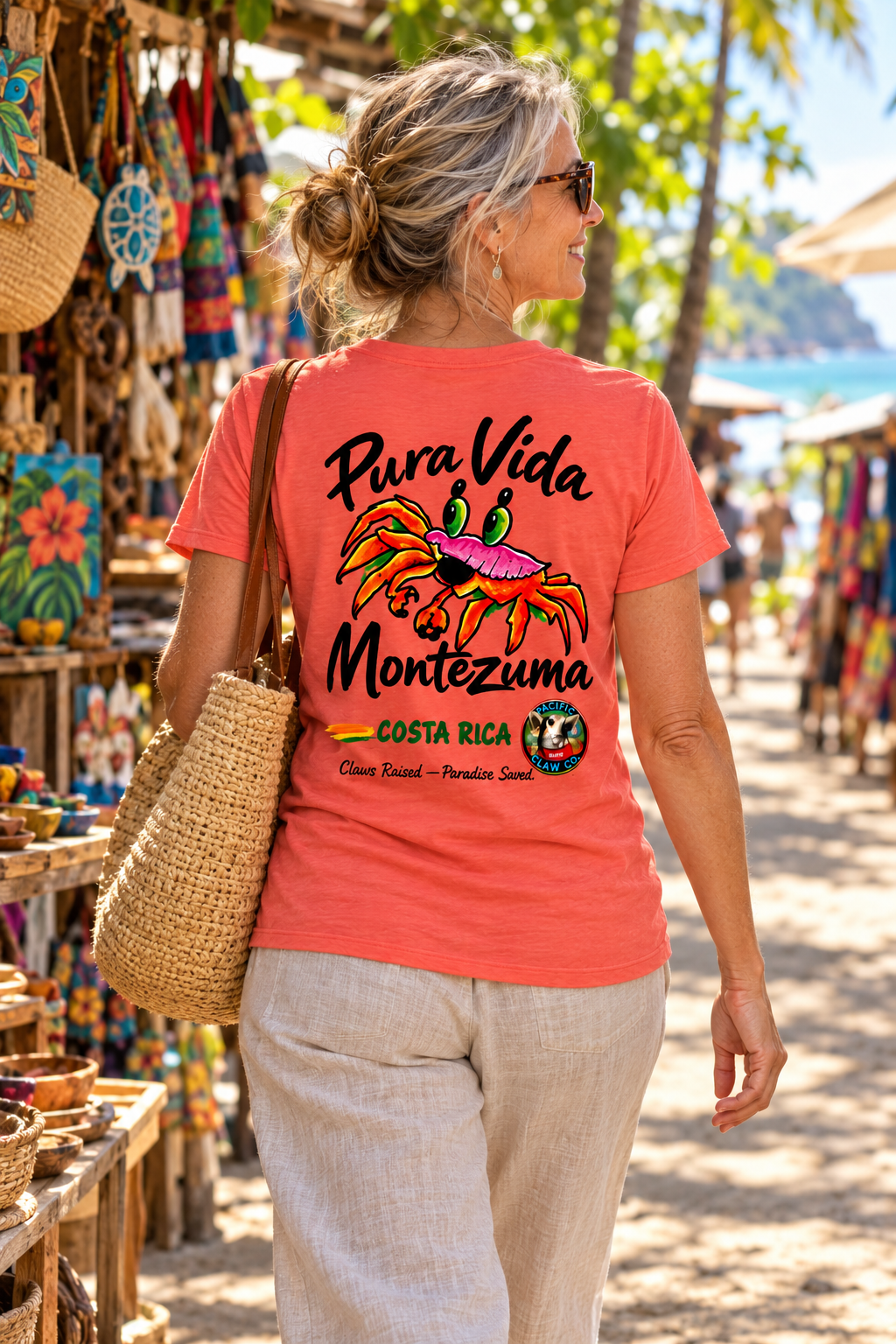 Pura Vida Montezuma T-Shirt — mature model in a relaxed coastal setting
