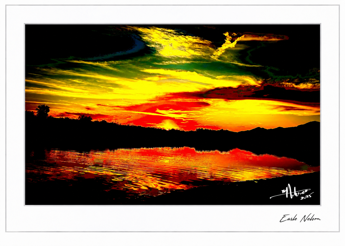 Golden Reflections — signed 5 × 7 art by Earle Nelson with a white frame