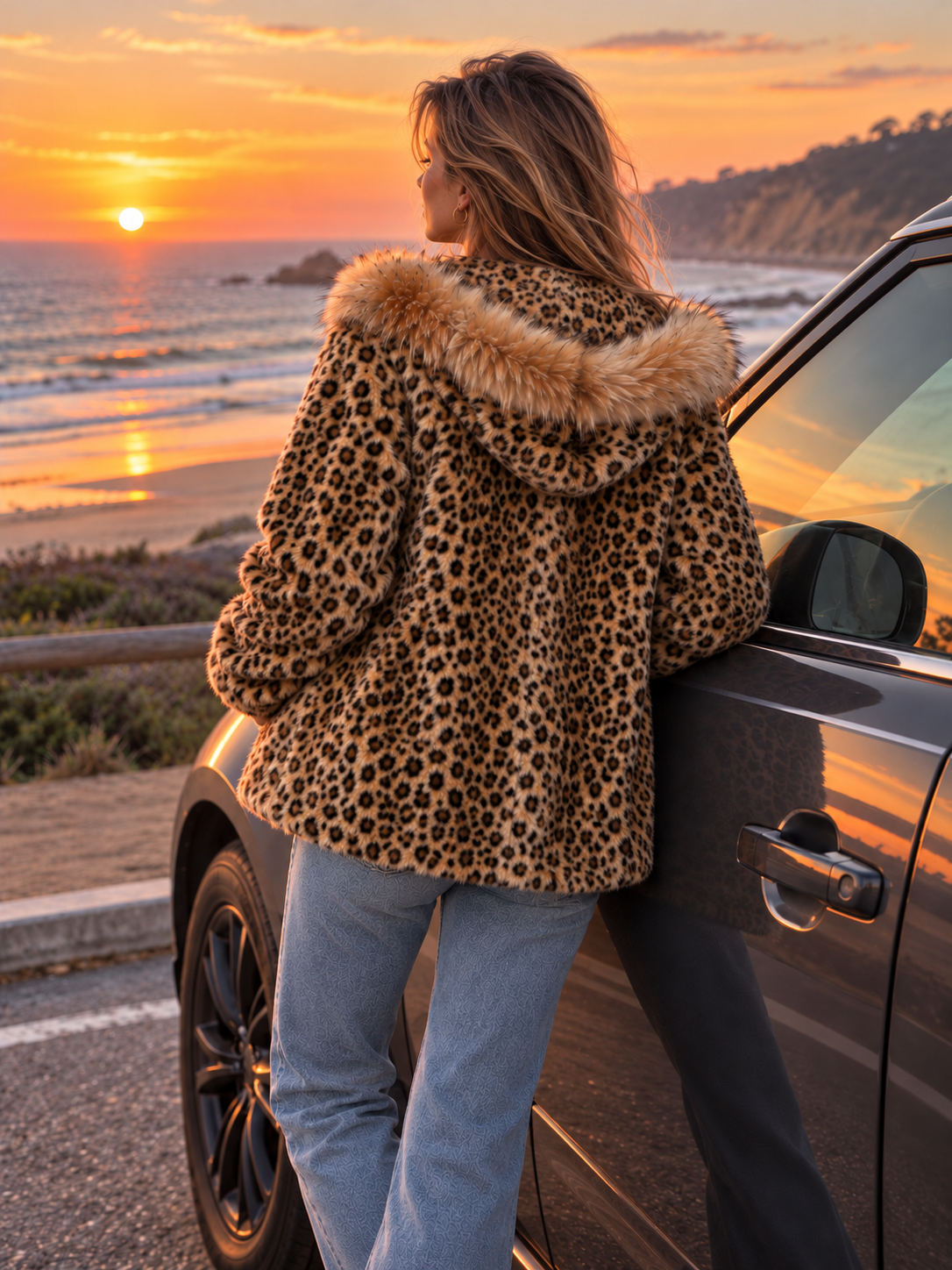 Rear view of Simply Coastal Fabulous jacket with hood down beside a car at Malibu sunset