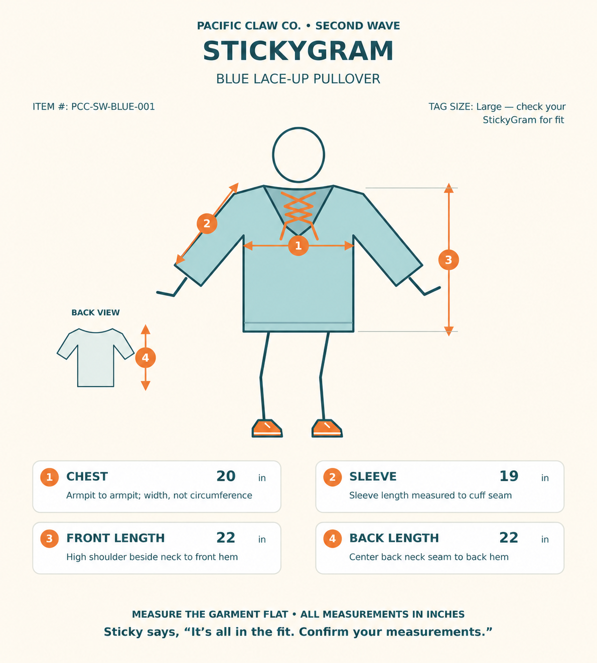 StickyGram: Sticky wearing Second Wave Blue Lace-Up Pullover with a plain empty circle head and garment measurements.