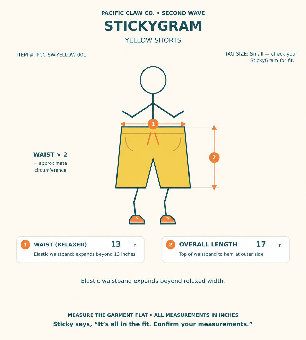 StickyGram: Sticky wearing Second Wave Bright Yellow Shorts with a plain empty circle head and garment measurements.