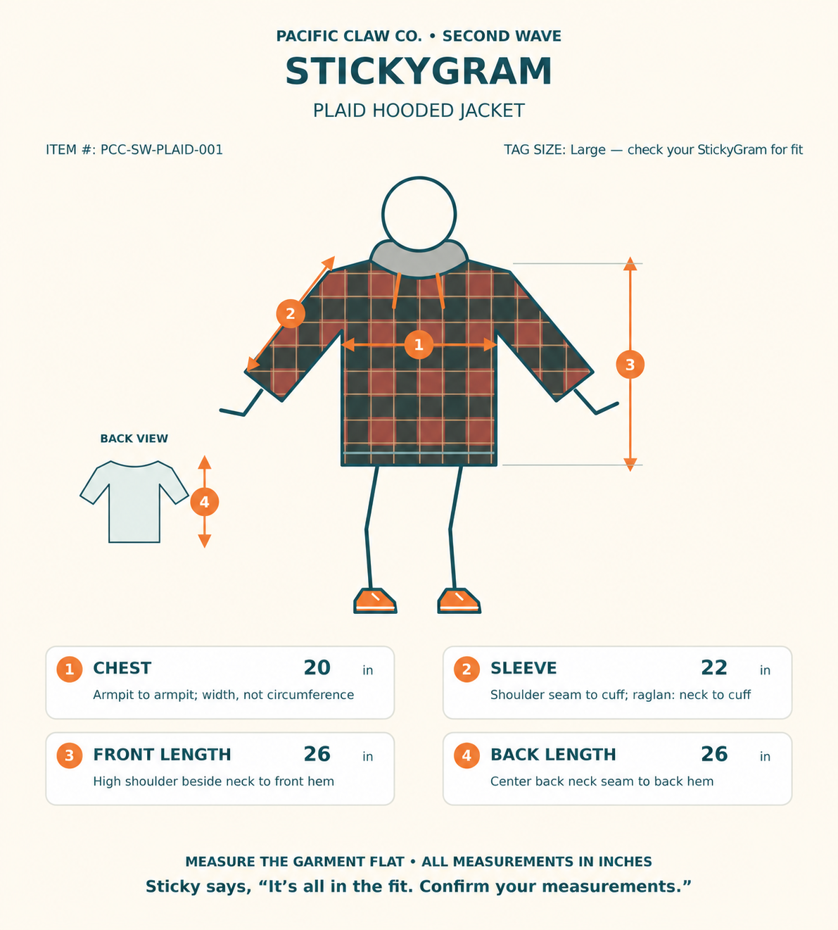 StickyGram: Sticky wearing Second Wave Plaid Hooded Jacket with a plain empty circle head and garment measurements.