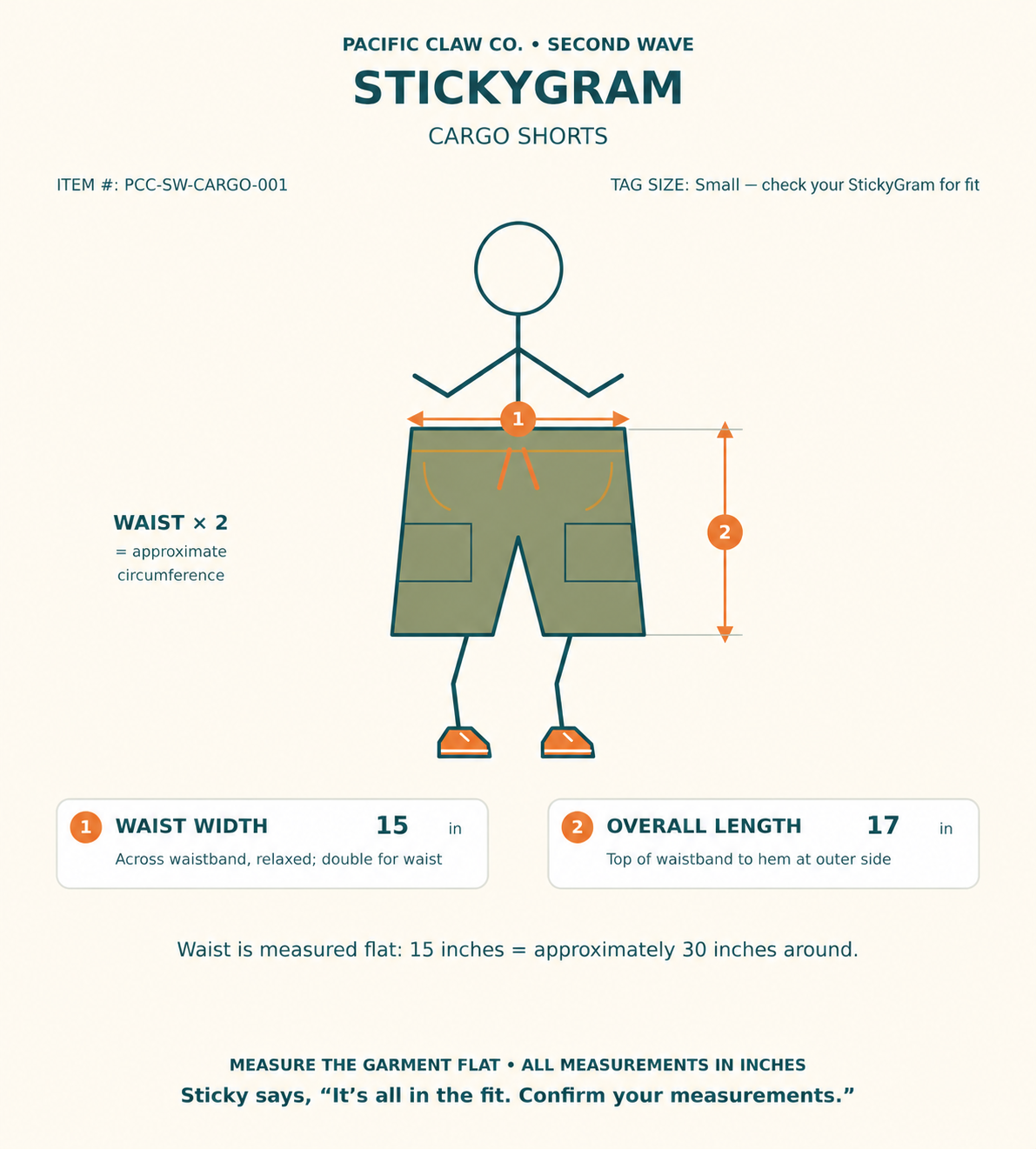 StickyGram: Sticky wearing Second Wave Tan Cargo Shorts with a plain empty circle head and garment measurements.