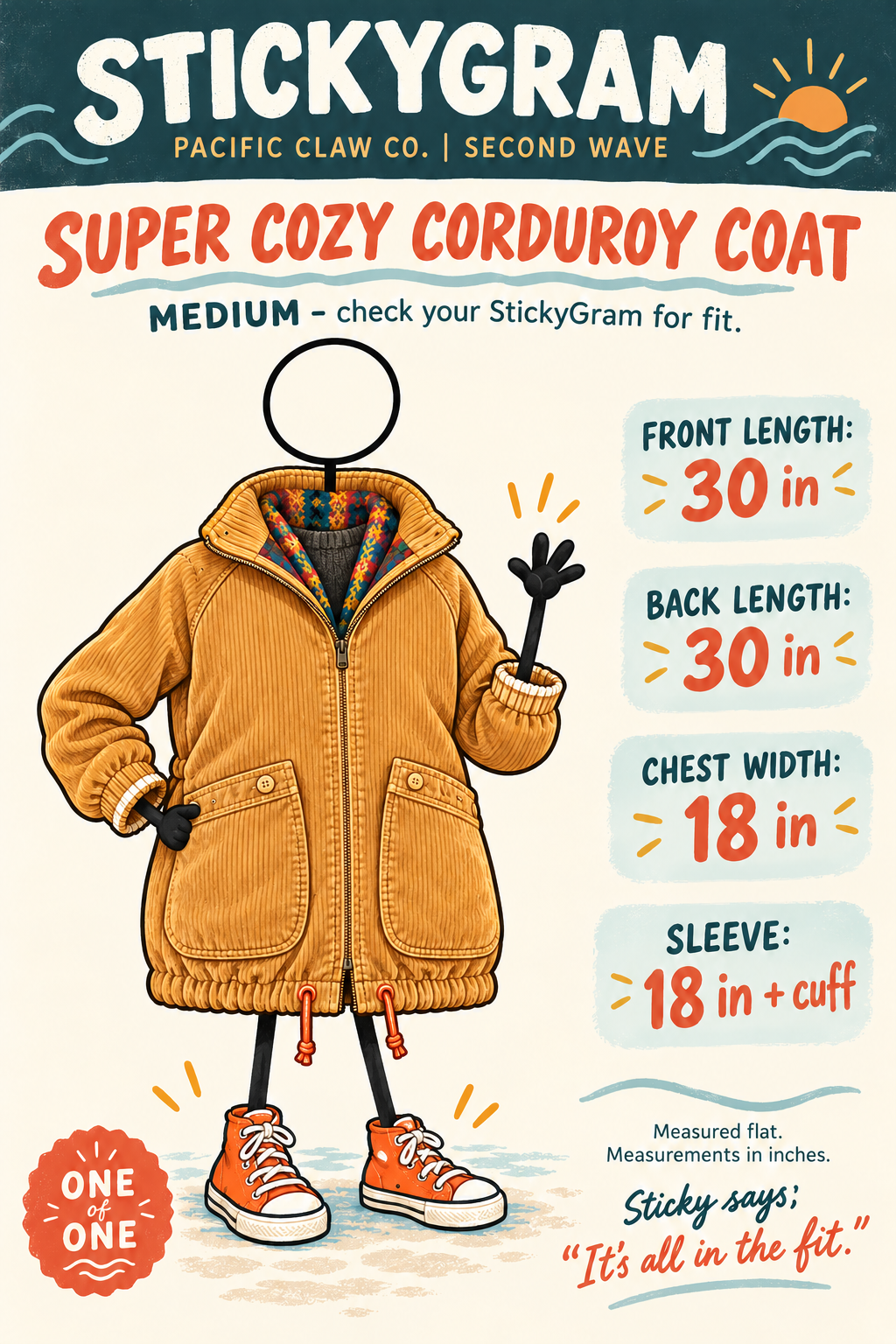 Corduroy coat StickyGram, plain circle head without facial features; measurements in inches.