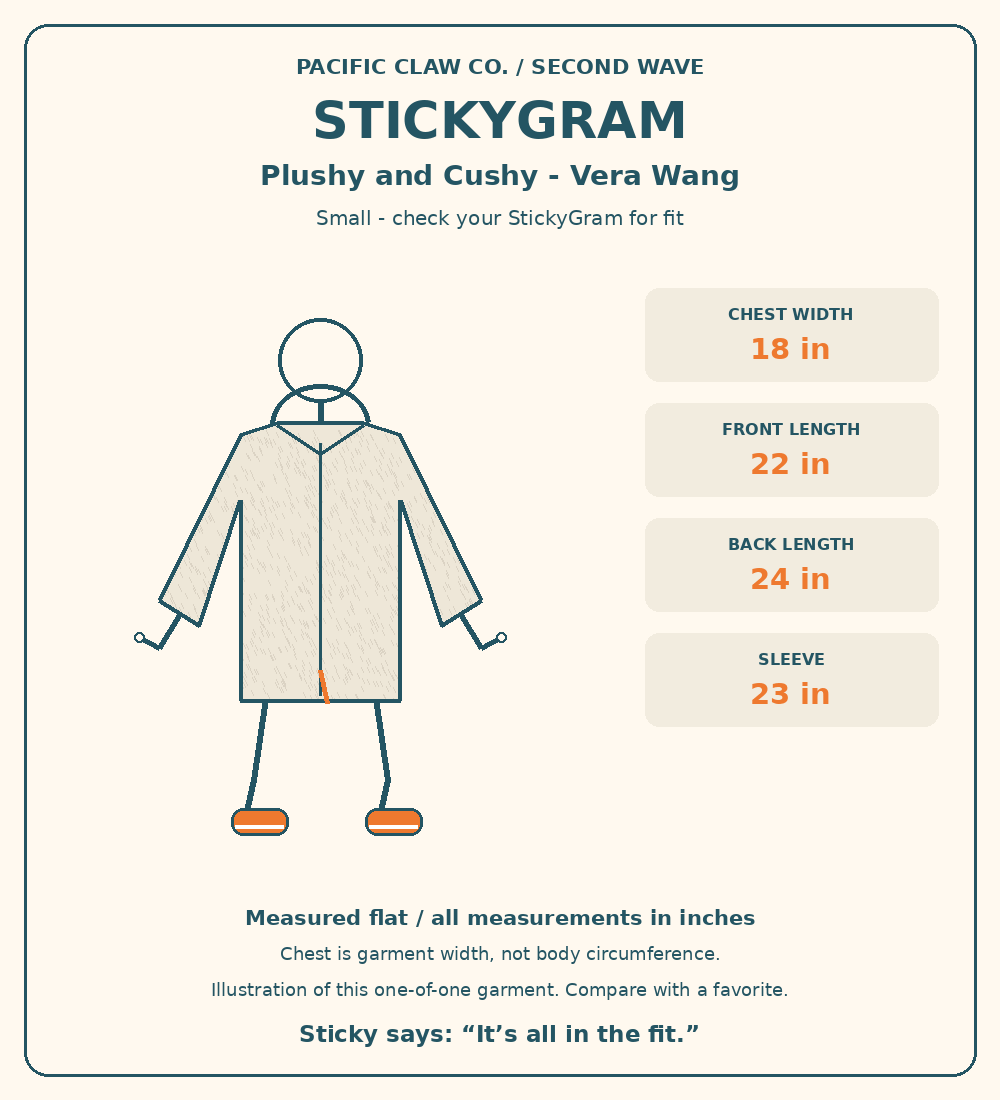 StickyGram: plain circle head, Sticky wearing Plushy and Cushy — Vera Wang Hooded Jacket. Measurements in inches. No hood drawstrings.