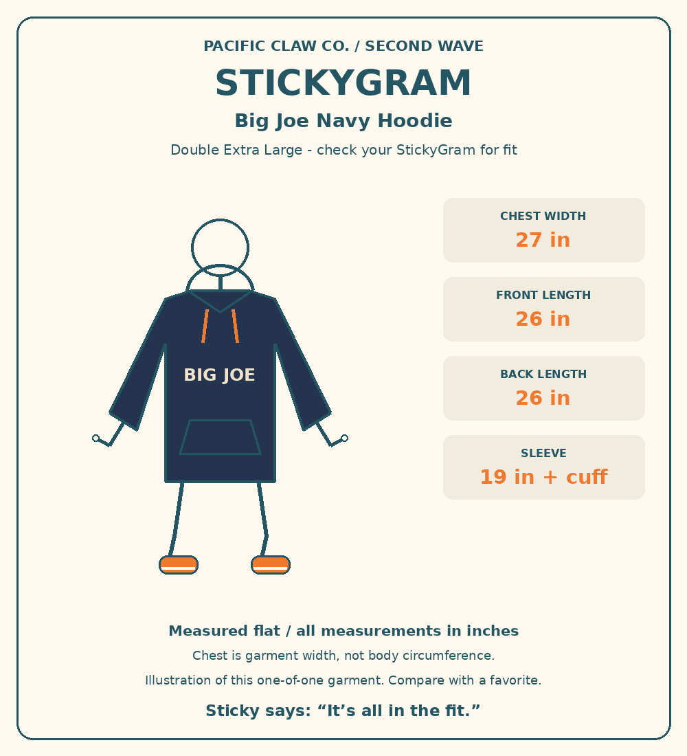 StickyGram: plain circle head, Sticky wearing Second Wave Big Joe Navy Hoodie — Double Extra Large. Measurements in inches.