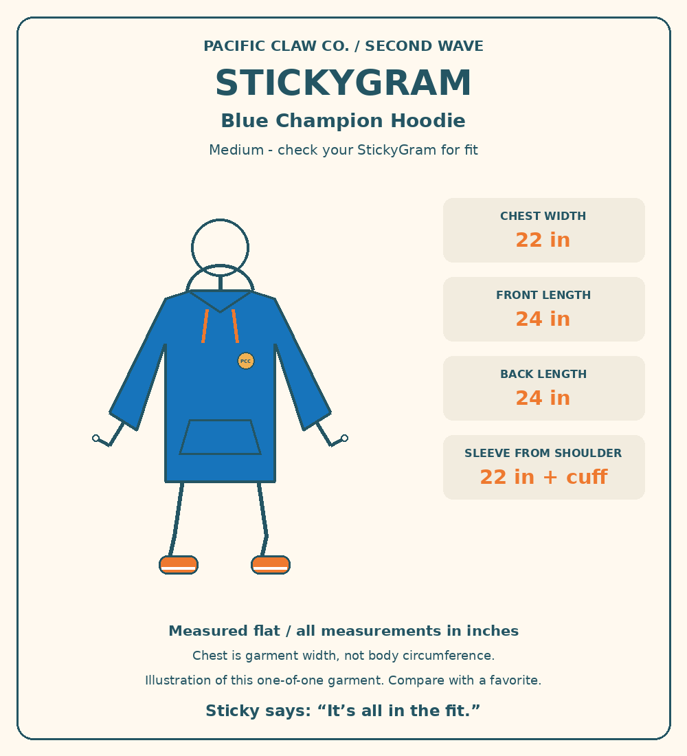 StickyGram: plain circle head, Sticky wearing Second Wave Blue Champion Hoodie — Medium. Measurements in inches.