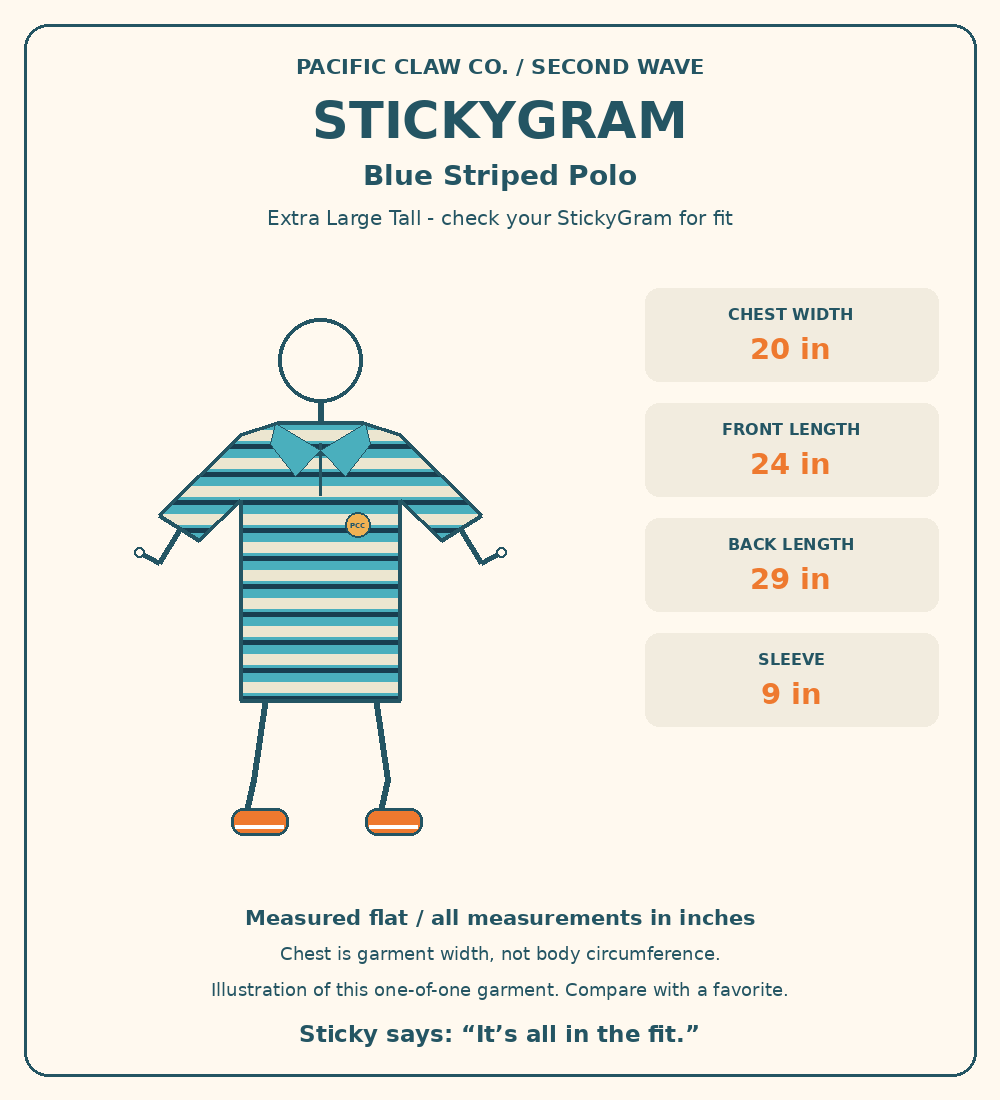 StickyGram: plain circle head, Sticky wearing Second Wave Blue Striped Polo. Measurements in inches.