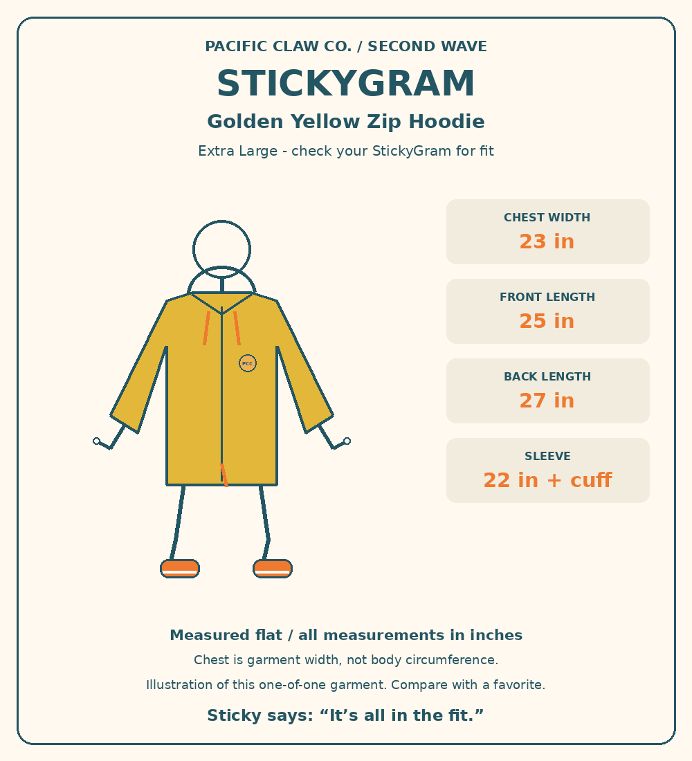 StickyGram: plain circle head, Sticky wearing Second Wave Golden Yellow Zip Hoodie. Measurements in inches.