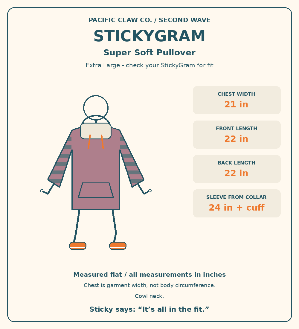 StickyGram: plain circle head, Sticky wearing Second Wave Super Soft Pullover — Extra Large. Measurements in inches.
