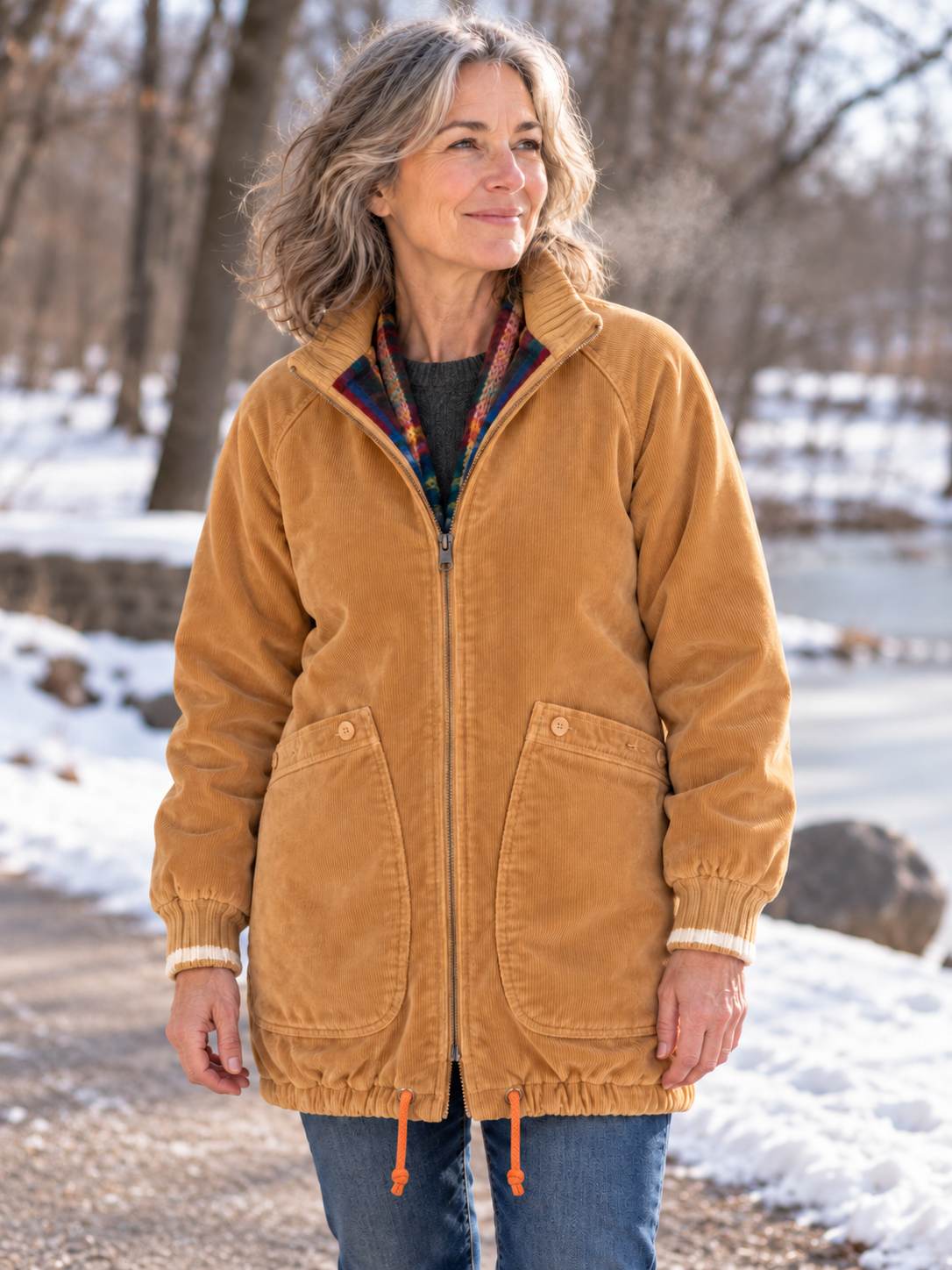 Woman wearing golden corduroy coat with orange drawstrings hanging about three inches from the bottom hem