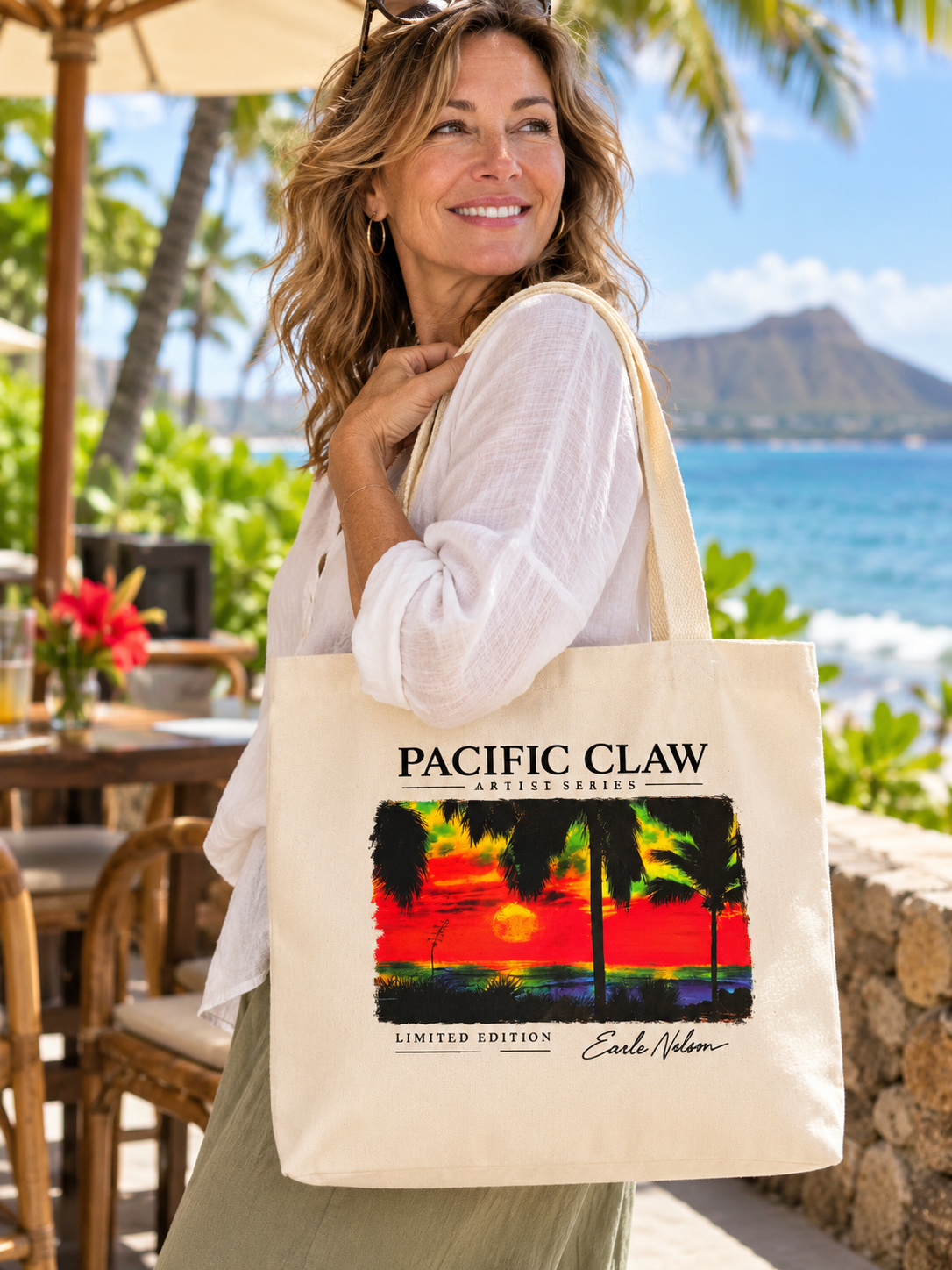 Neon Sunset Artist Series canvas tote at a beach cafe