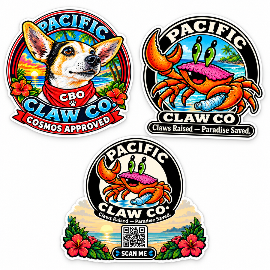 Pacific Claw Co. sticker pack featuring Cosmos and Crabby artwork