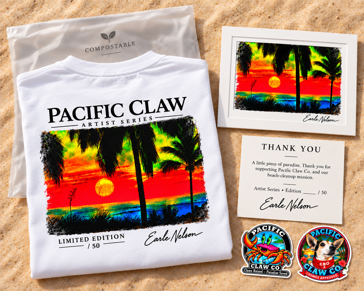 Neon Sunset limited Artist Series package: shirt, signed framed 5 × 7 print, thank-you card, two stickers and compostable bag
