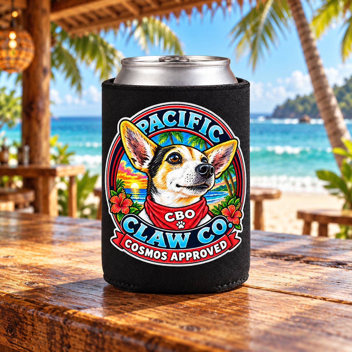 Cosmos Approved Can Cooler Koozie in a tropical beach setting