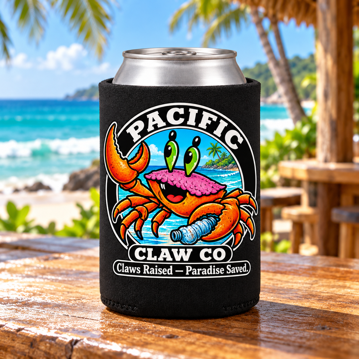 Crabby Can Cooler Koozie in a tropical beach setting