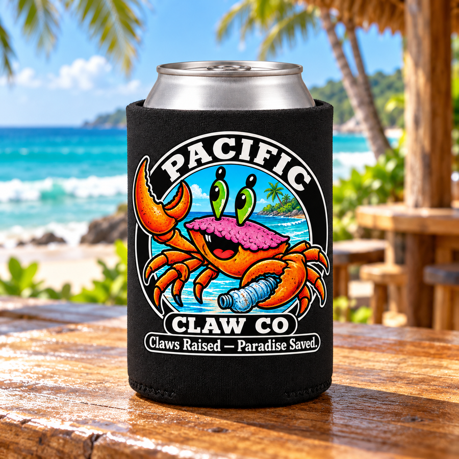 Crabby Can Cooler Koozie in a tropical beach setting