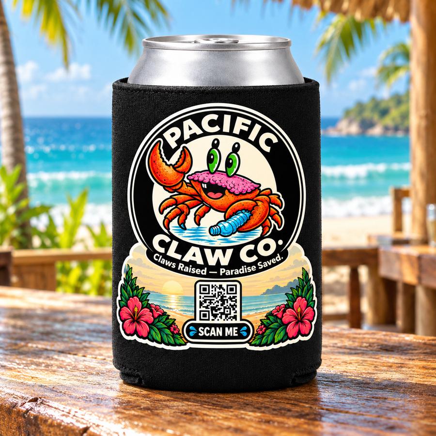 Crabby Sunset Can Cooler Koozie in a tropical beach setting