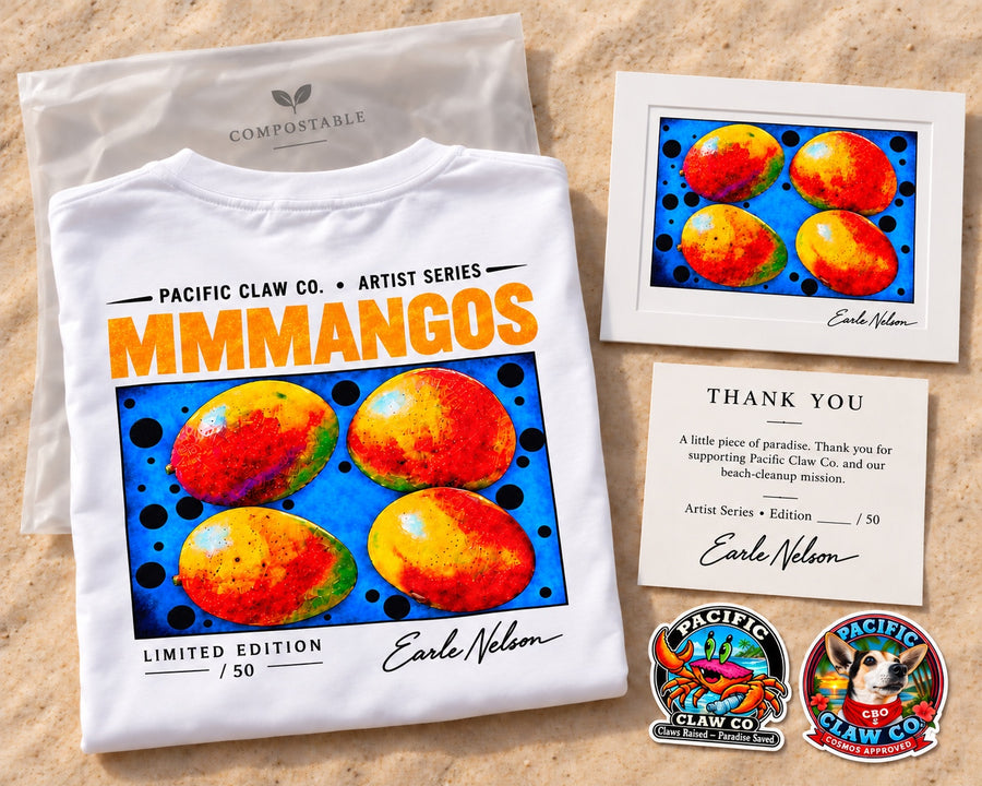 Mangoes limited Artist Series — T-shirt, signed framed print, thank-you card, two stickers and compostable bag