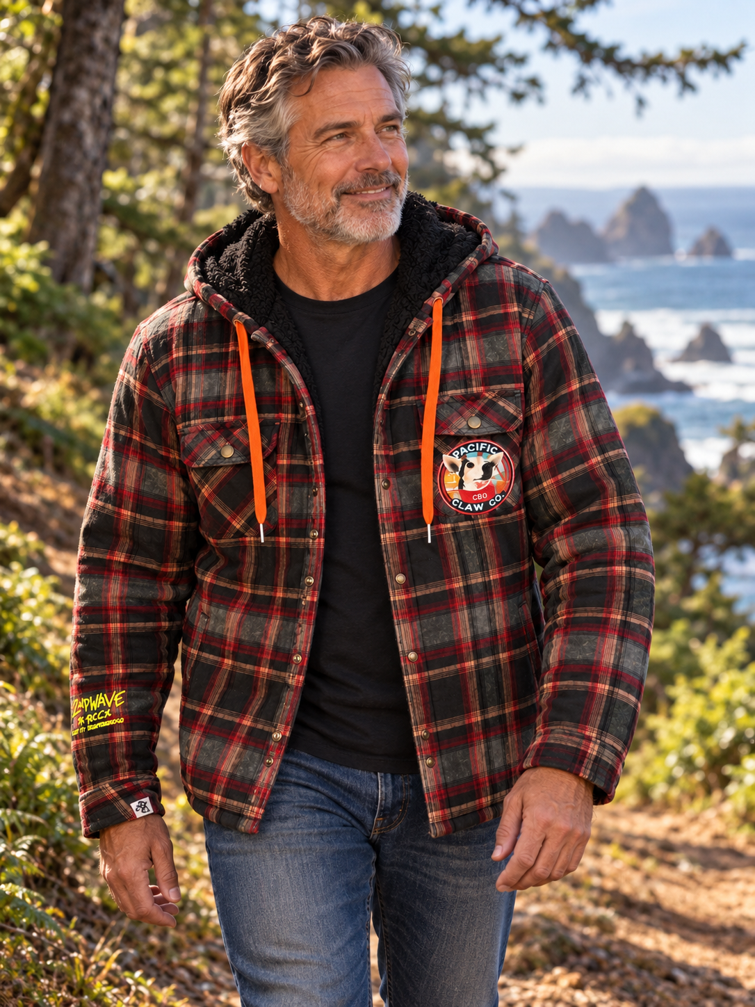 Second Wave Plaid Hooded Jacket — mature model in a relaxed coastal setting