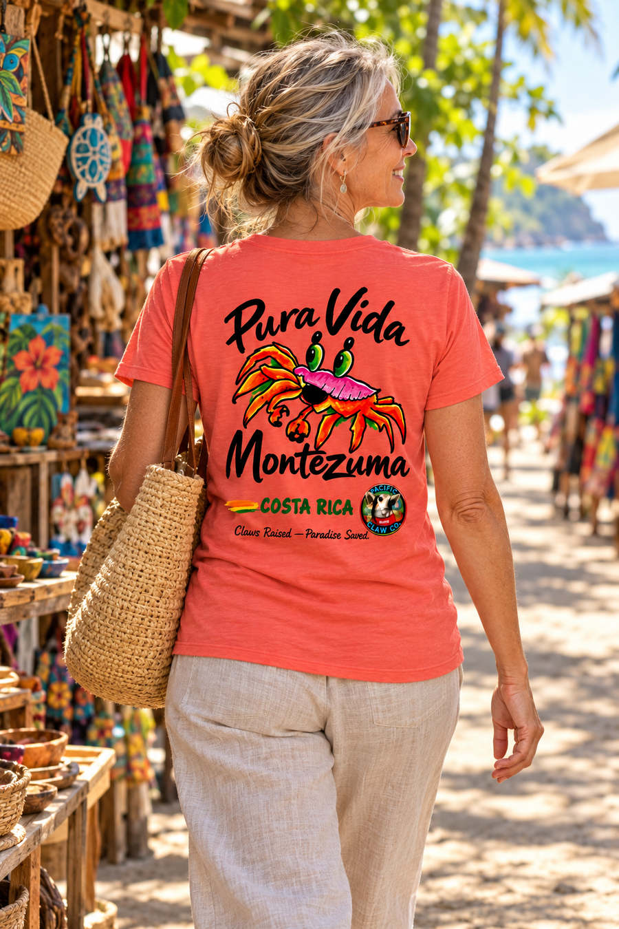 Pura Vida Montezuma T-Shirt — mature model in a relaxed coastal setting