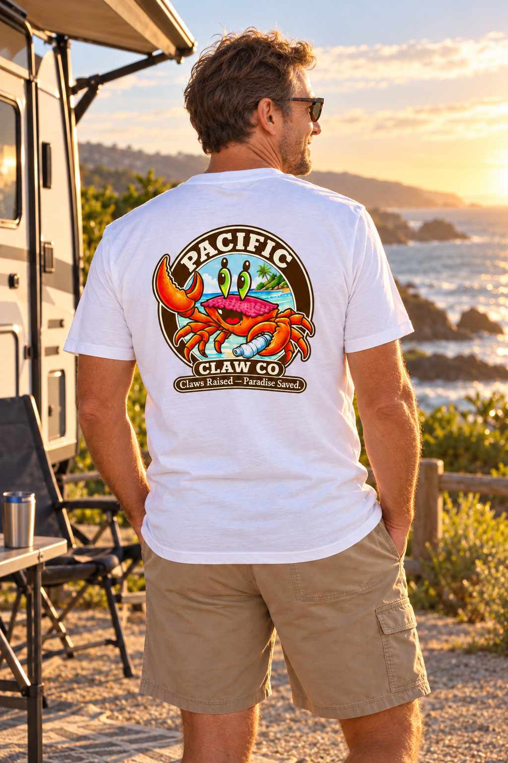 Pacific Claw Co. Crabby T-Shirt on an adult model aged approximately 35–45