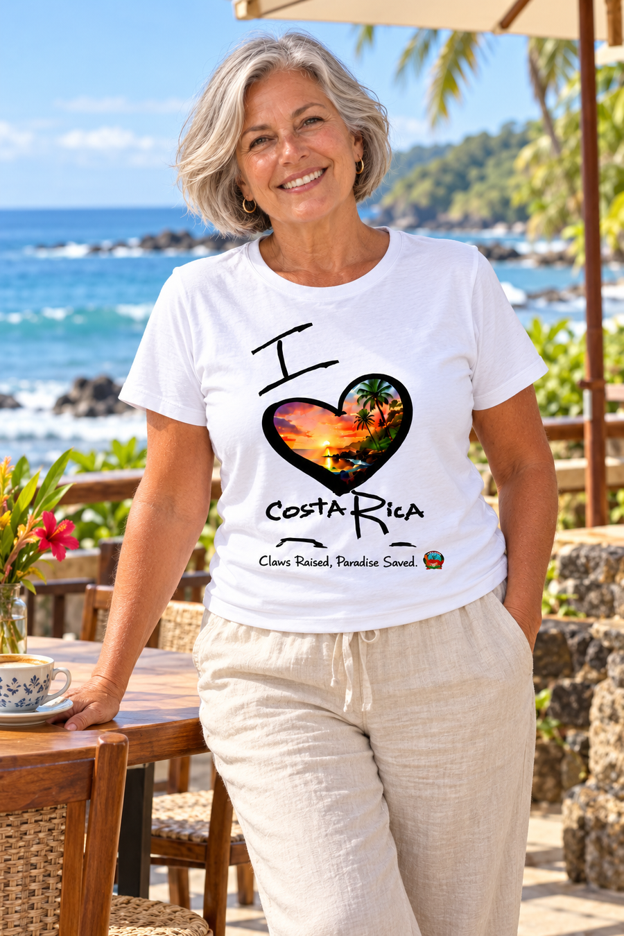 I ❤️ Costa Rica T-Shirt — mature model in a relaxed coastal setting