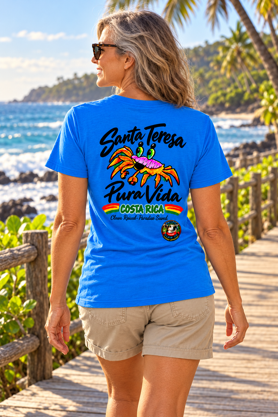 Santa Teresa Pura Vida T-Shirt — mature model in a relaxed coastal setting
