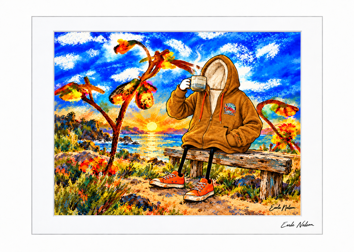 Cup o’ Joe — 5 × 7 art by Earle Nelson in a white frame with signature