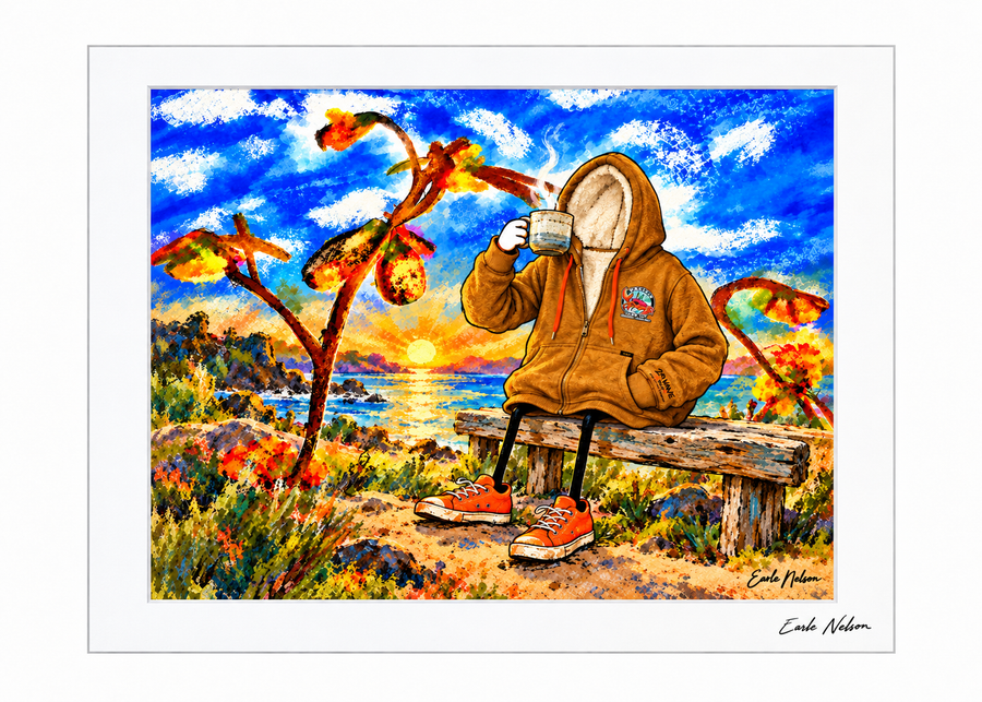 Cup o’ Joe — 5 × 7 art by Earle Nelson in a white frame with signature