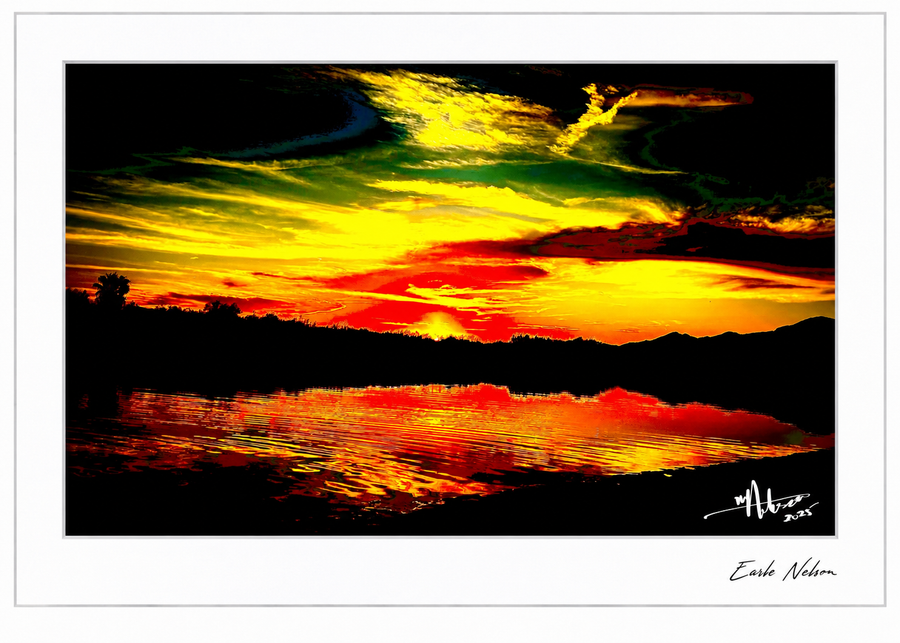 Golden Reflections — signed 5 × 7 art by Earle Nelson with a white frame