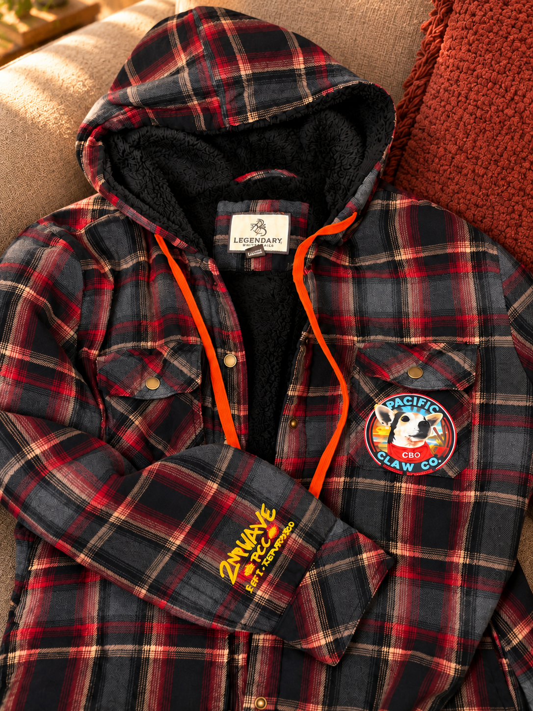 Plaid hooded jacket detail on a soft beige couch with coordinating rust pillow