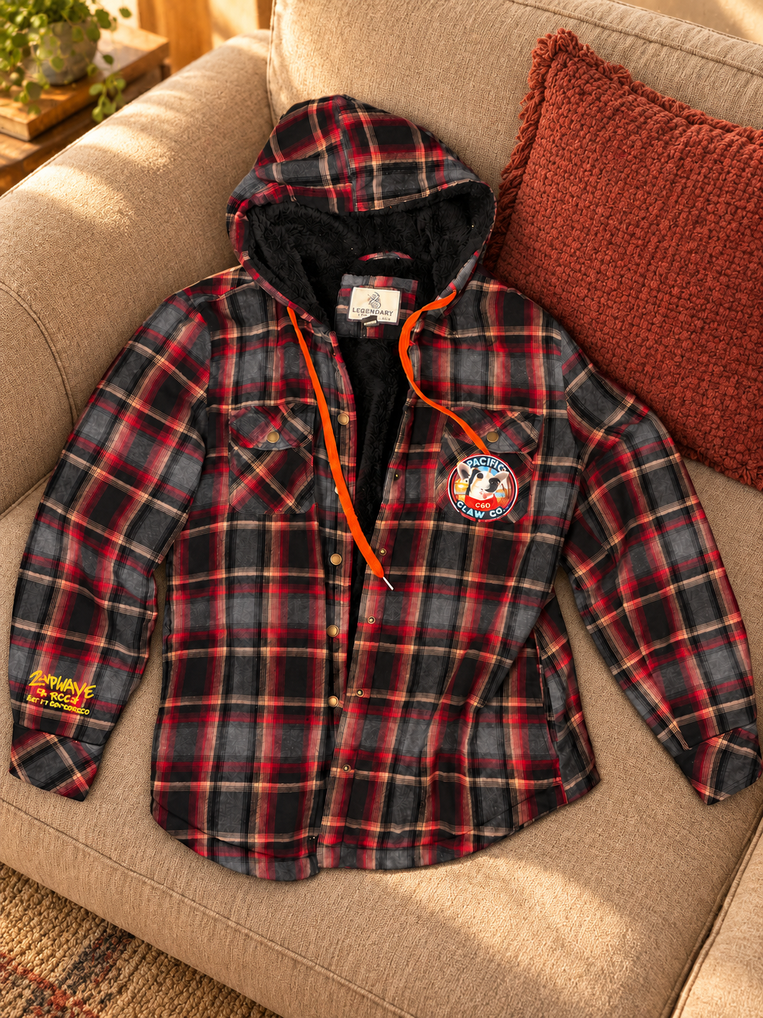 Full view of plaid hooded jacket lying on a beige couch with a rust decorative pillow
