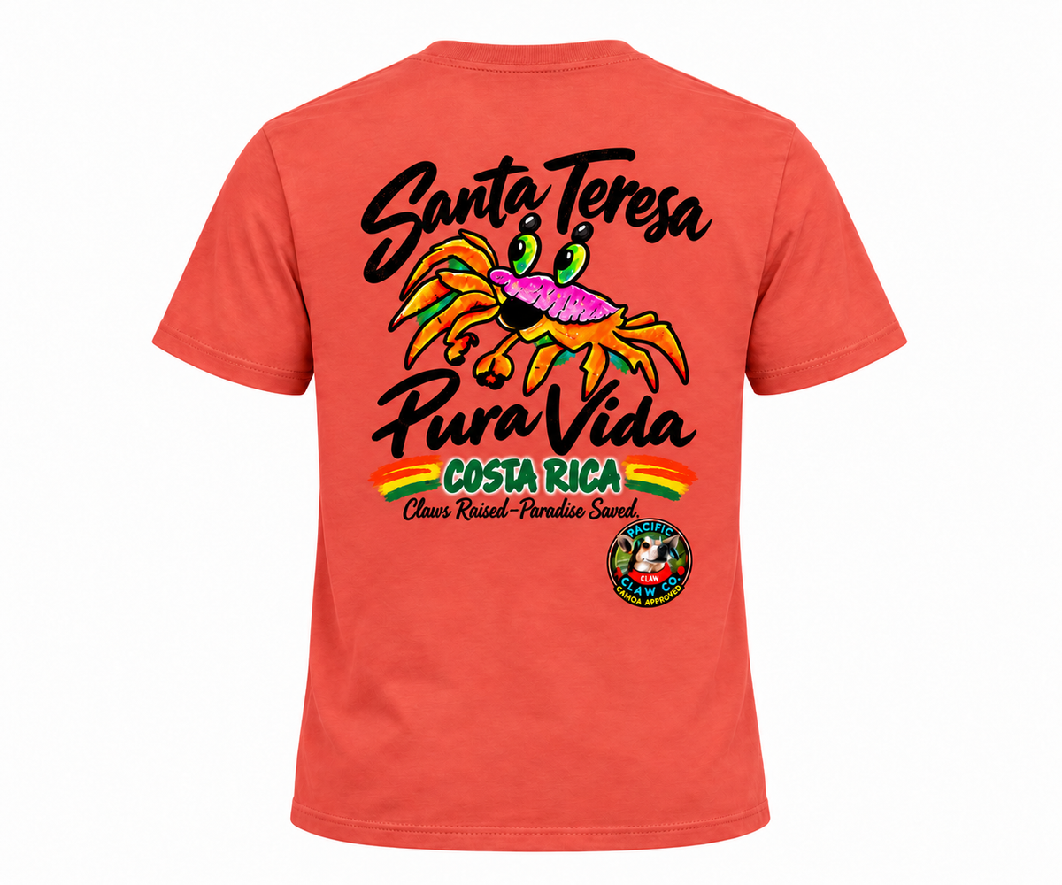 Santa Teresa Pura Vida T-Shirt — Coral back view, reduced print