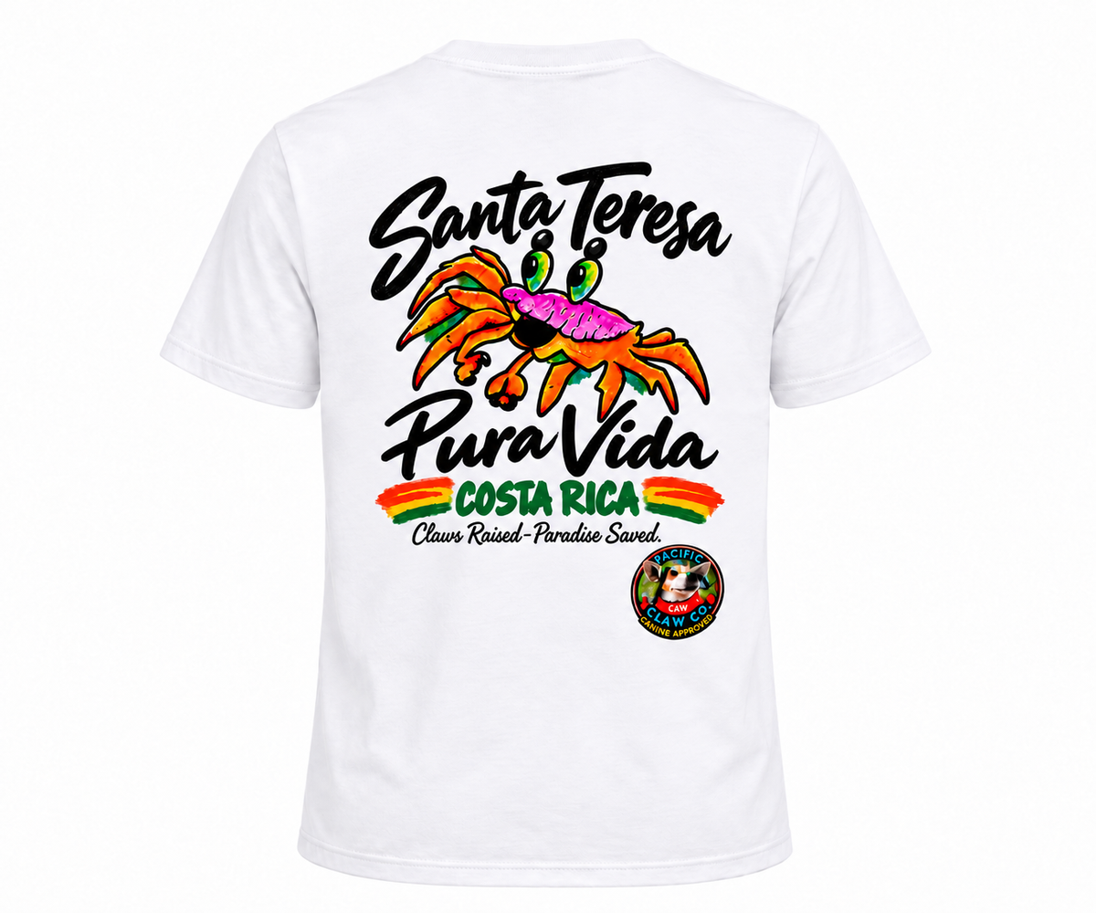 Santa Teresa Pura Vida T-Shirt — White back view, reduced print