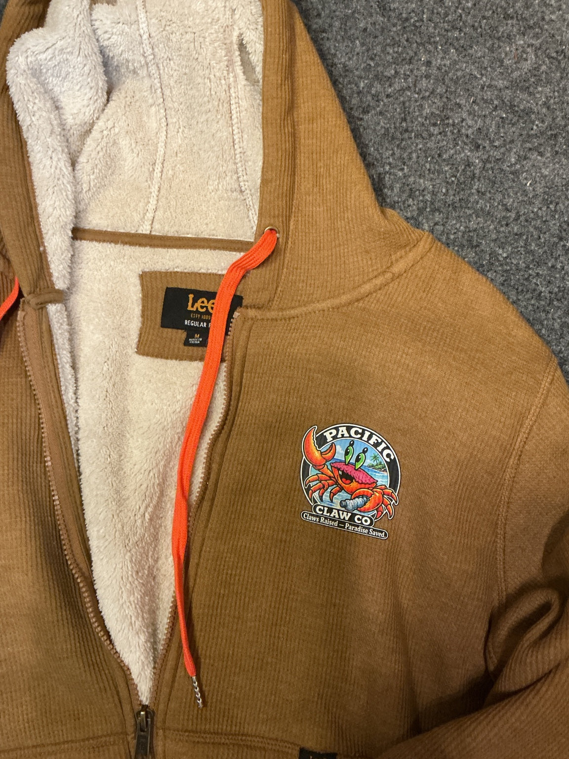 Mustard hoodie, fleece lining and orange drawstrings