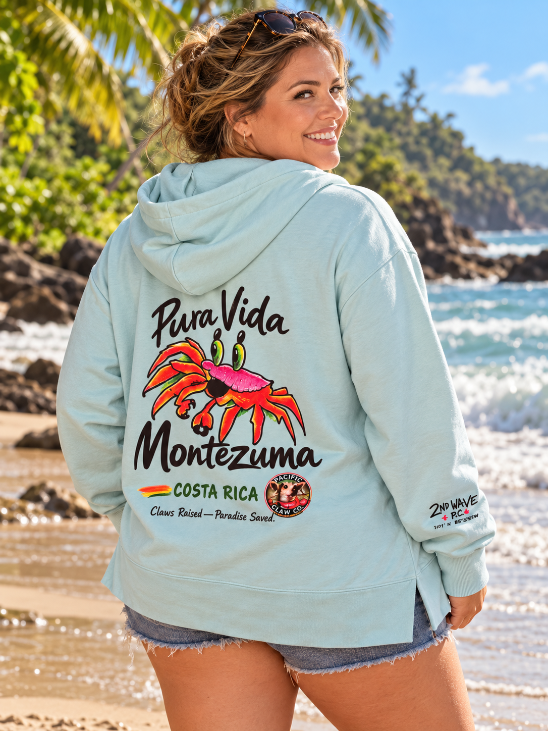 Women's 3X pale blue hoodie — back beach model mockup