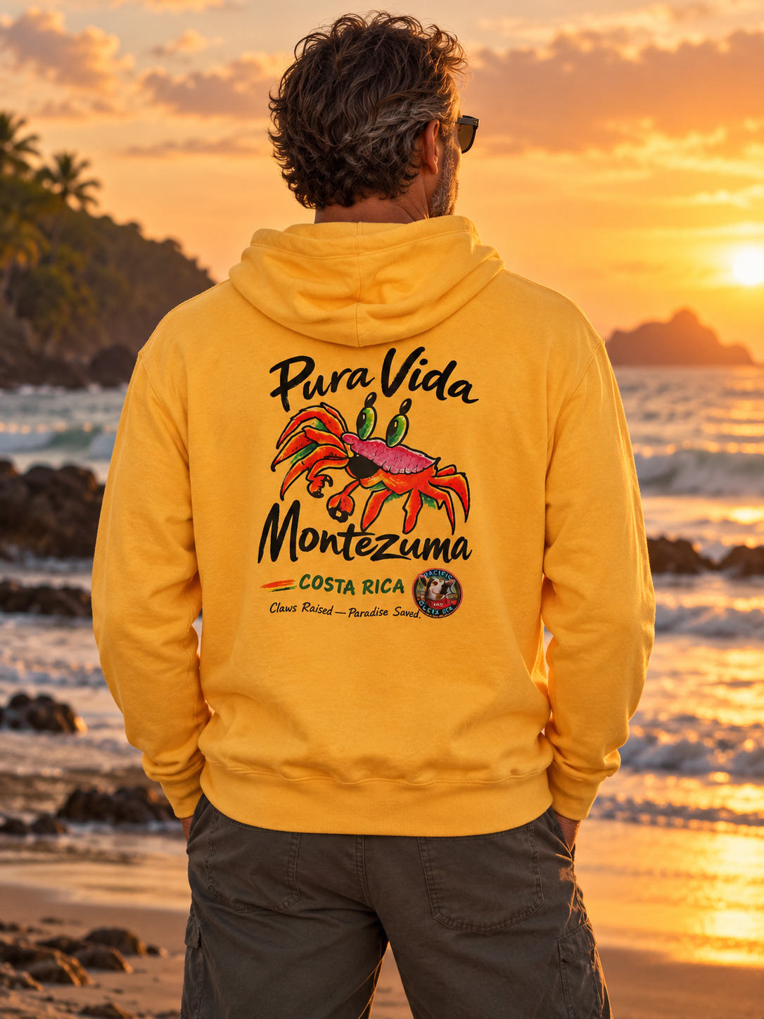 Yellow XL hoodie back — model mockup at sunset
