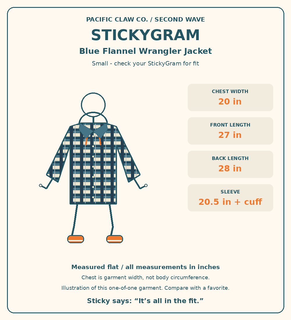 StickyGram: plain circle head, Sticky wearing Second Wave Blue Flannel Wrangler Hooded Jacket. Measurements in inches.