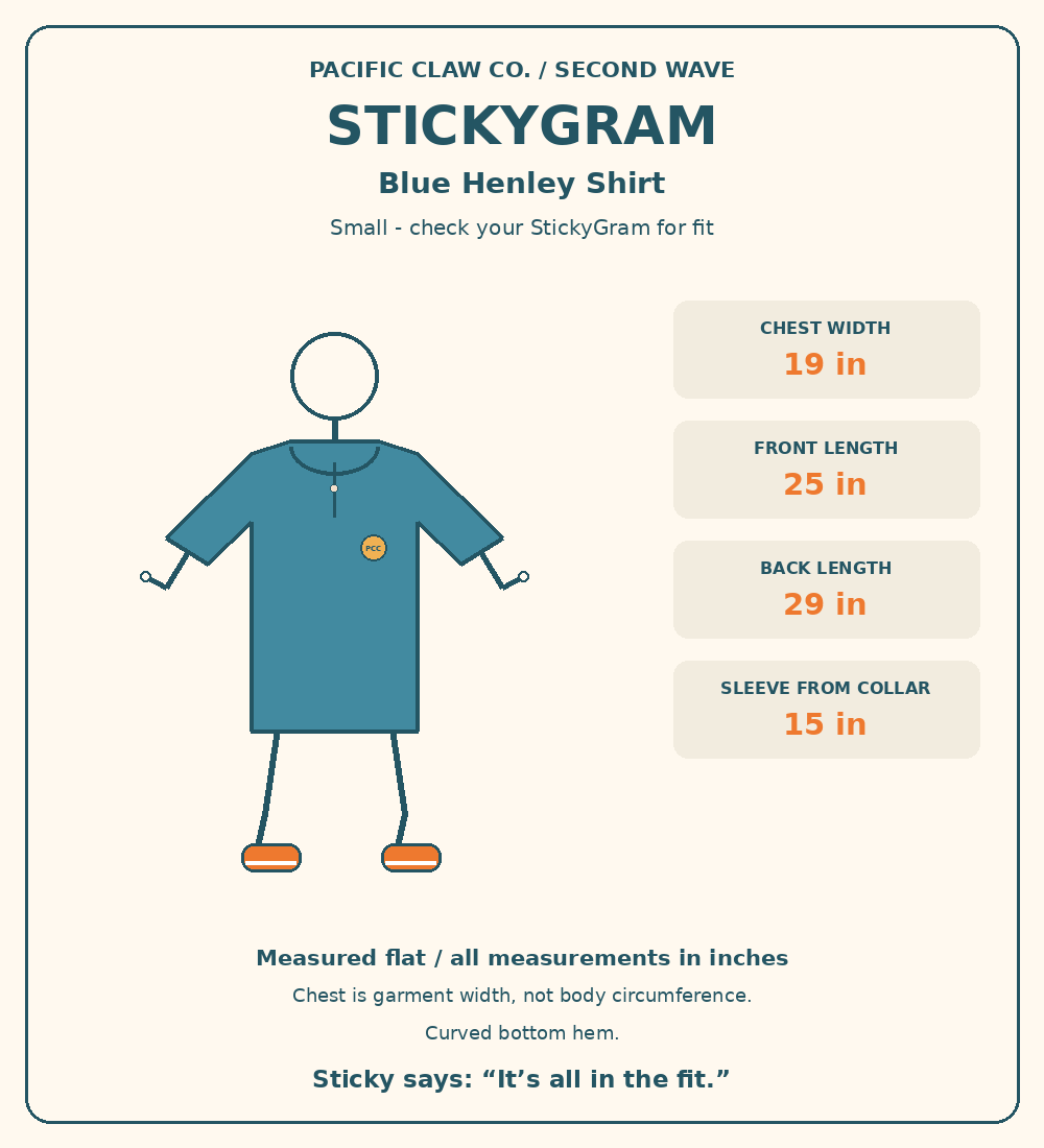StickyGram: plain circle head, Sticky wearing Second Wave Blue Henley Shirt. Measurements in inches.