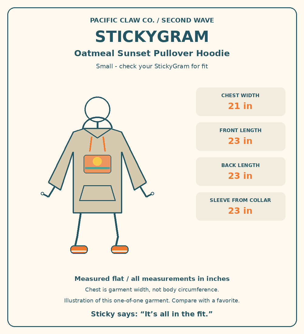 StickyGram: plain circle head, Sticky wearing Second Wave Oatmeal Sunset Pullover Hoodie. Measurements in inches.