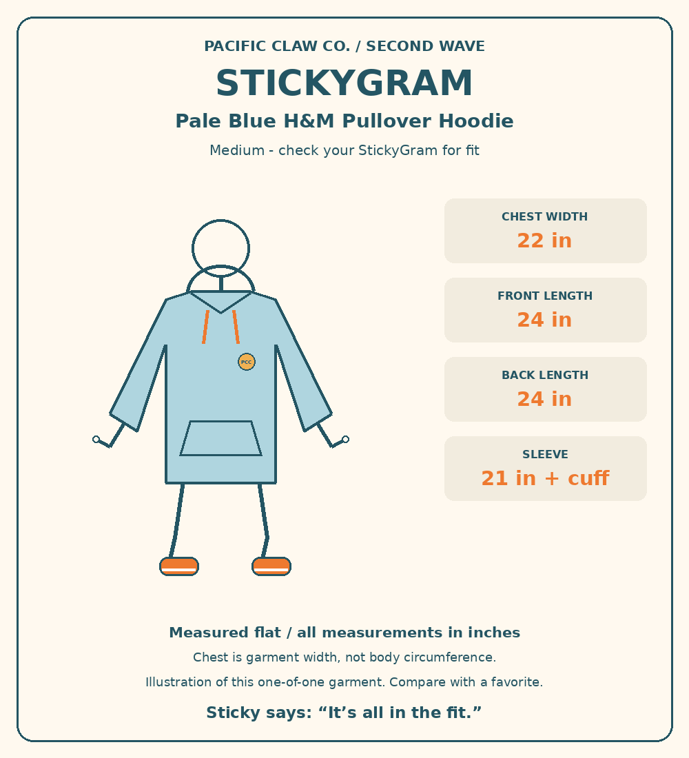 StickyGram: plain circle head, Sticky wearing Second Wave Pale Blue H&M Pura Vida Pullover Hoodie — Medium. Measurements in inches.