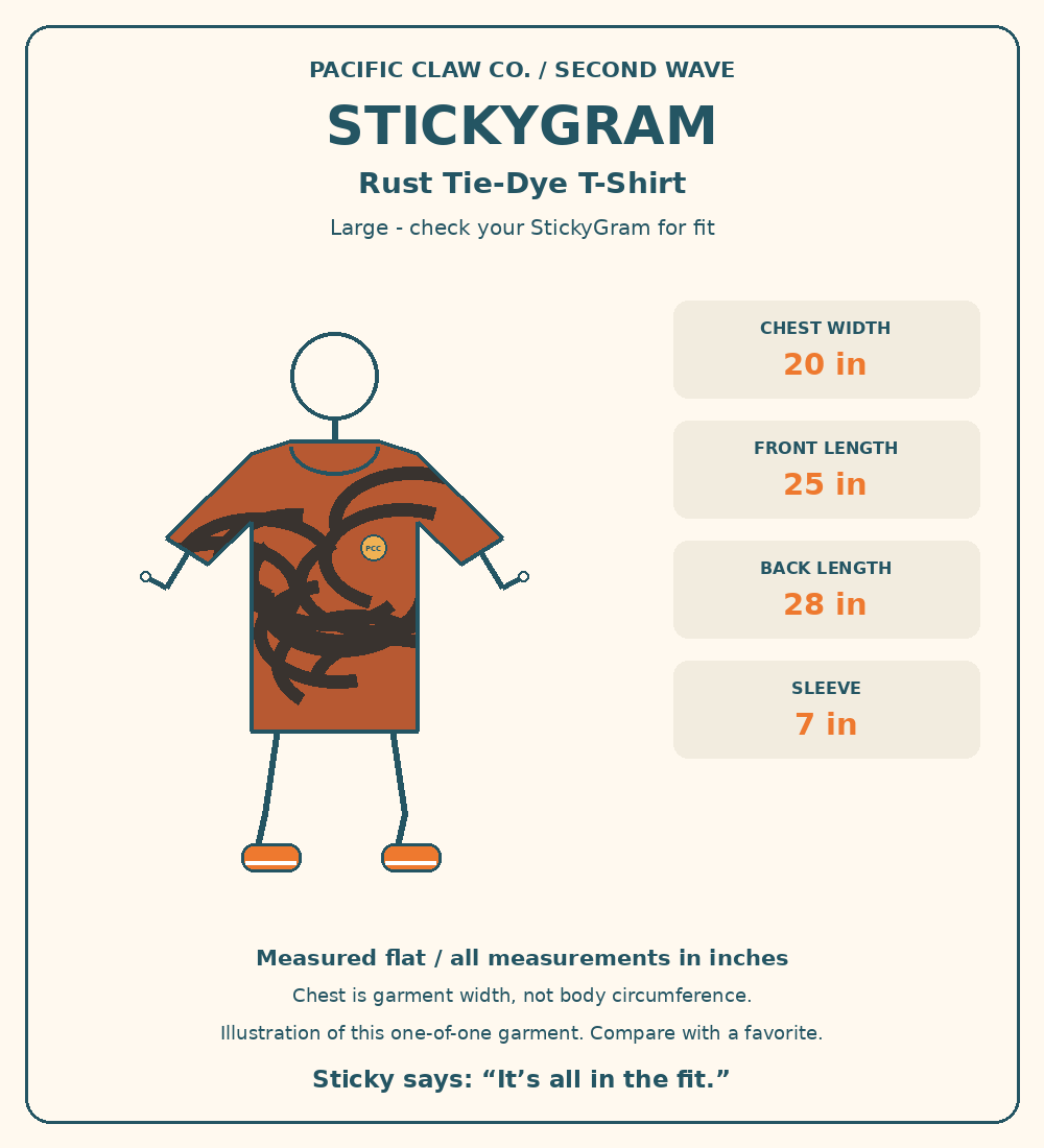 StickyGram: plain circle head, Sticky wearing Second Wave Rust Tie-Dye T-Shirt. Measurements in inches.
