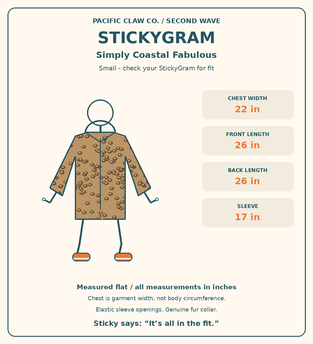 StickyGram: plain circle head, Sticky wearing Simply Coastal Fabulous. Measurements in inches. No hood drawstrings.